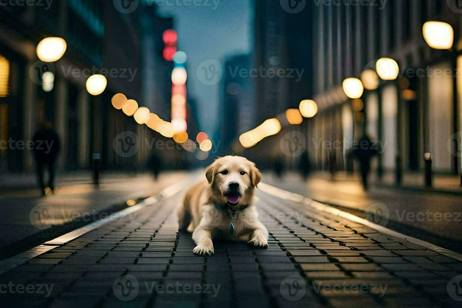 une chien séance sur le rue dans une ville. généré par ai photo