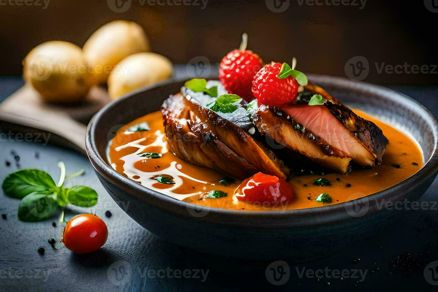 une bol de nourriture avec Viande et des légumes. généré par ai photo