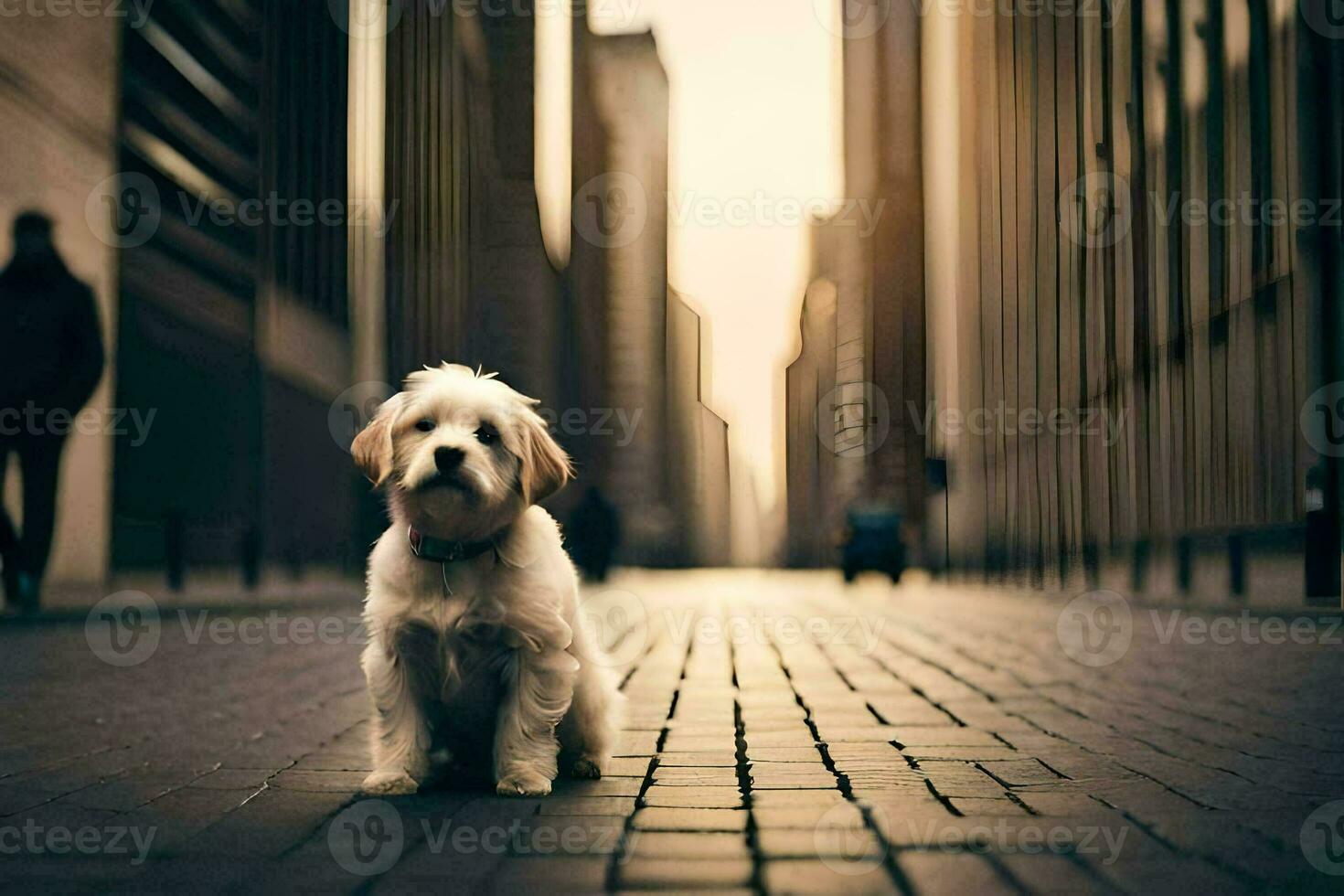 une chien séance sur le rue dans une ville. généré par ai photo