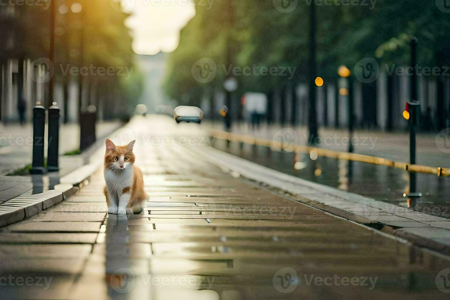 une chat en marchant sur une humide rue dans le pluie. généré par ai photo