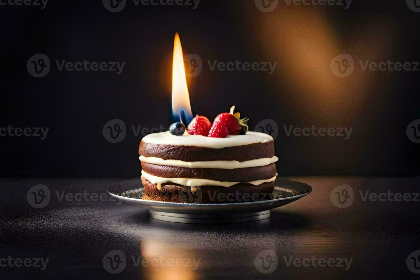 une petit gâteau avec une bougie sur Haut. généré par ai photo