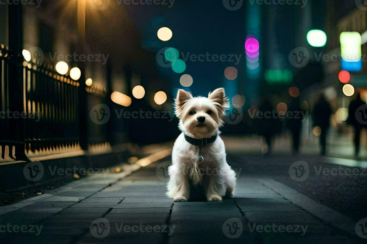 une petit blanc chien séance sur le trottoir à nuit. généré par ai photo
