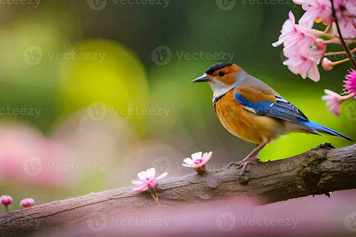 une oiseau est assis sur une branche avec rose fleurs. généré par ai photo