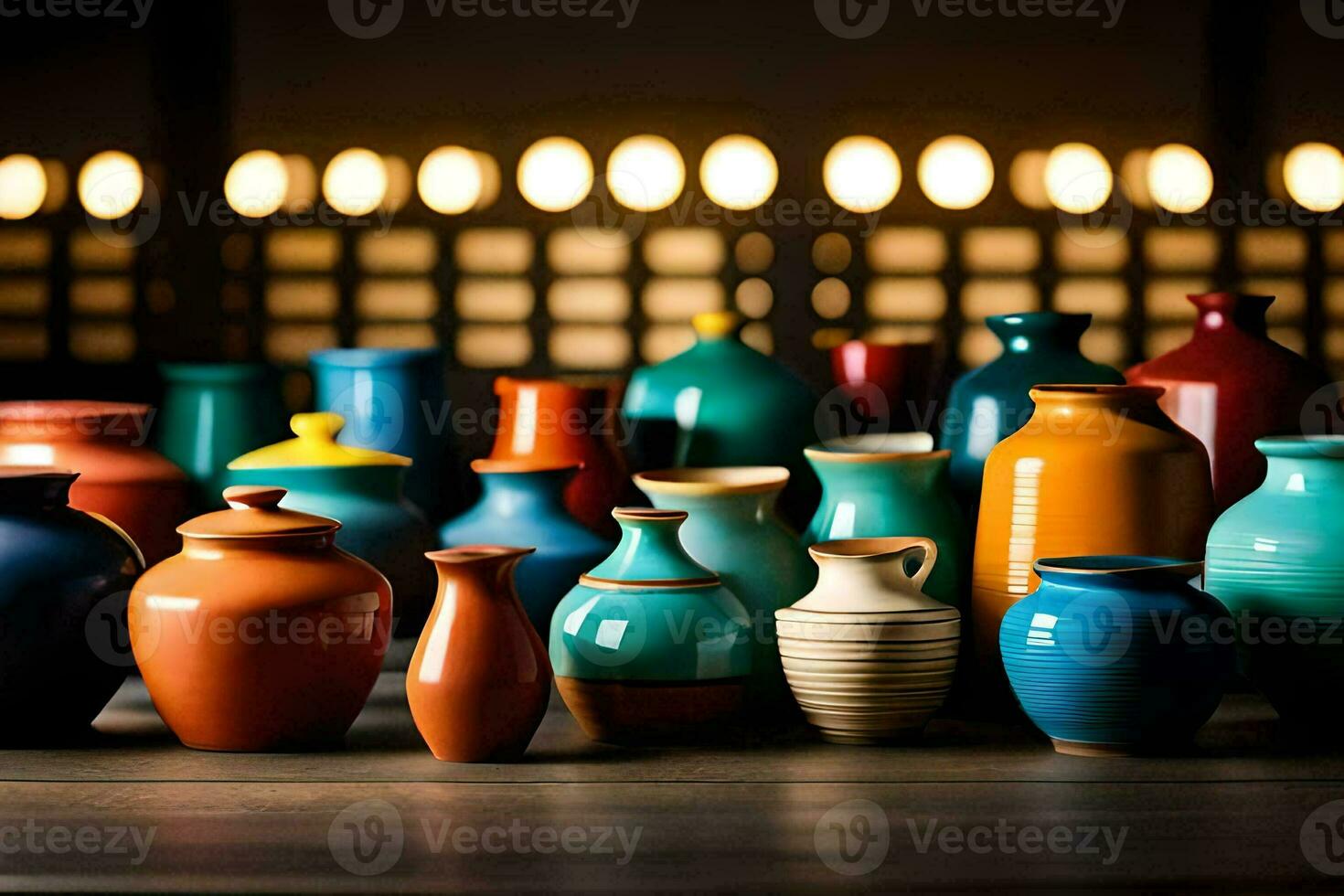 une groupe de coloré des vases séance sur une tableau. généré par ai photo