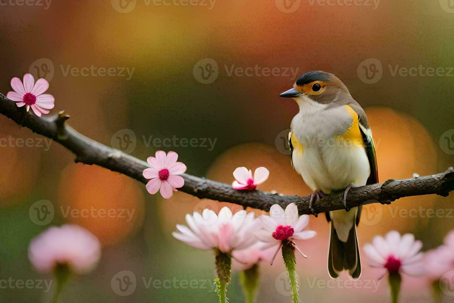 une oiseau est assis sur une branche avec rose fleurs. généré par ai photo