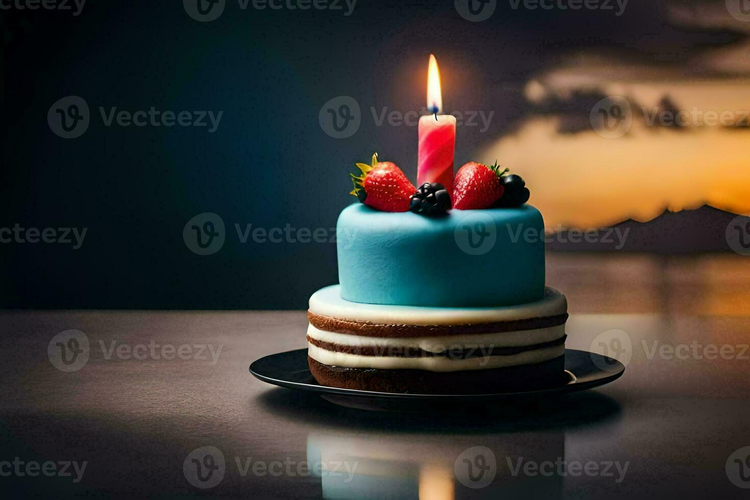 une bleu anniversaire gâteau avec une Célibataire bougie. généré par ai photo