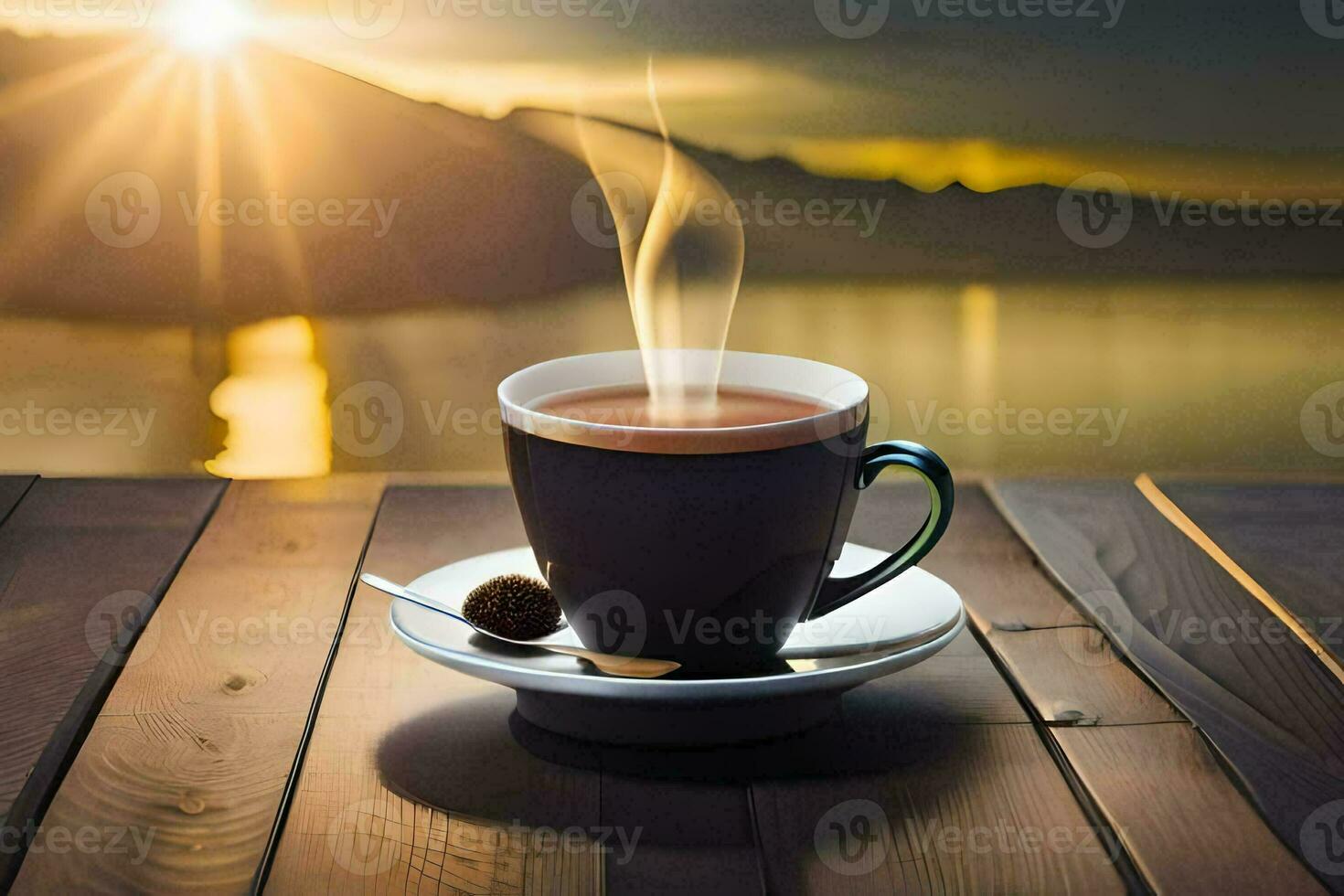 une tasse de café sur une en bois tableau. généré par ai photo