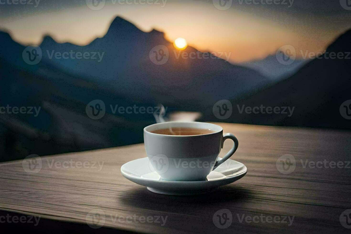 une tasse de café sur une table dans le montagnes. généré par ai photo