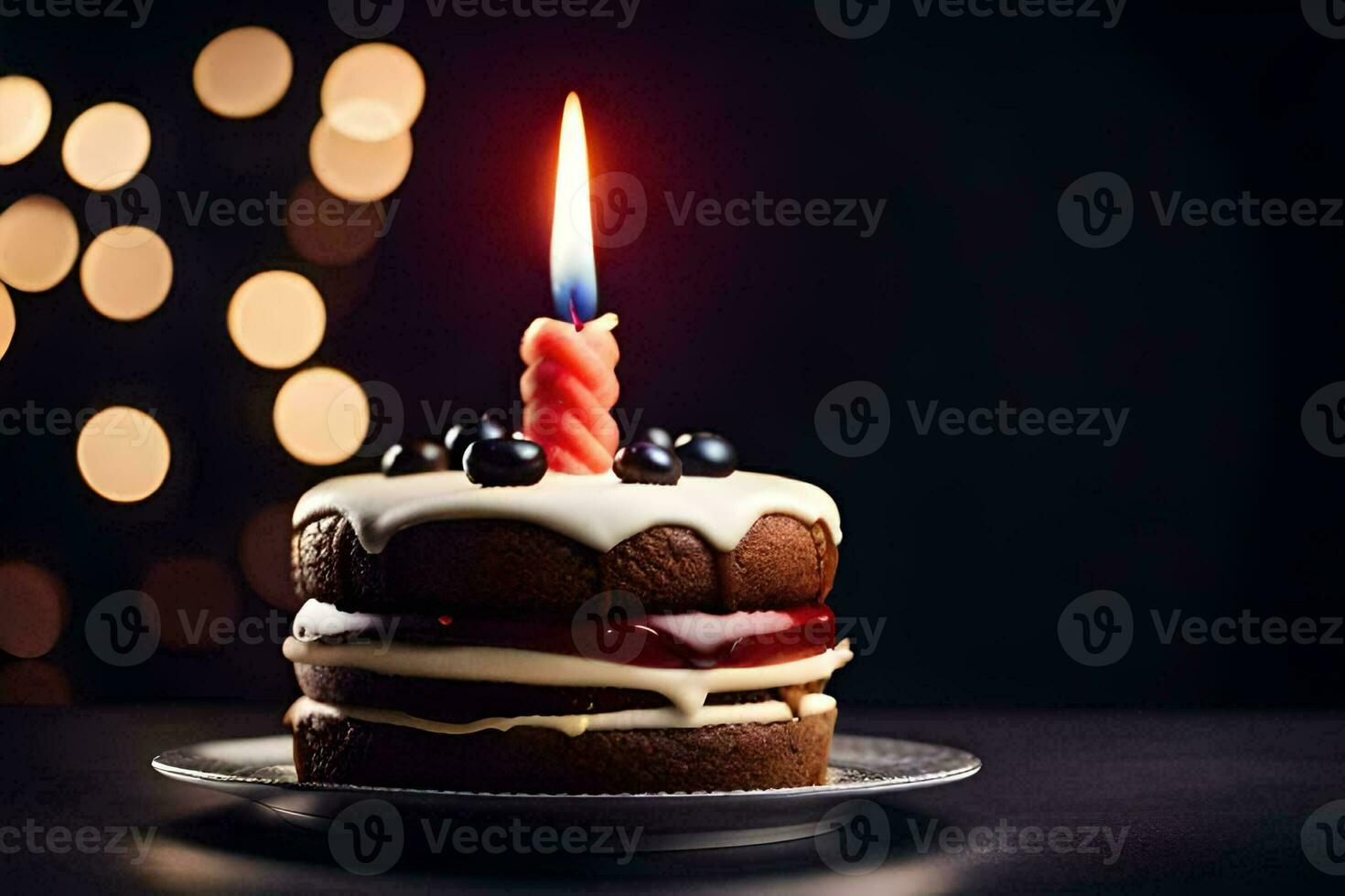 une anniversaire gâteau avec une allumé bougie. généré par ai photo