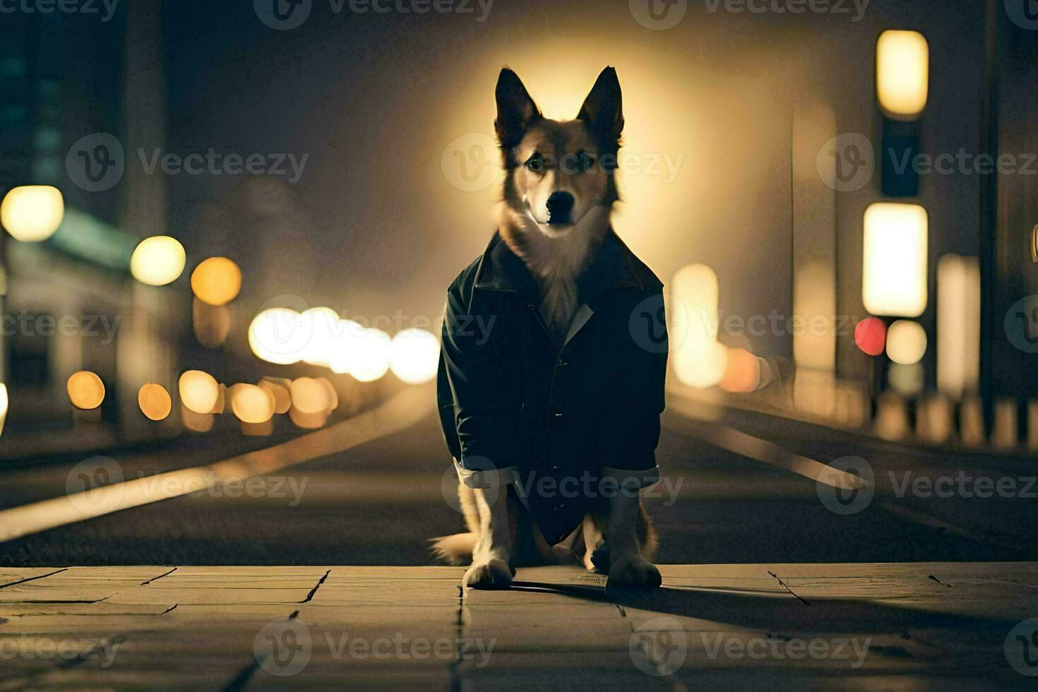 une chien séance sur le sol à nuit. généré par ai photo