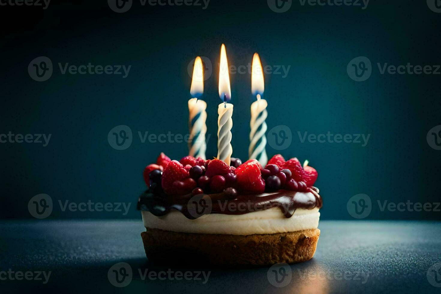 anniversaire gâteau avec bougies sur une foncé Contexte. généré par ai photo