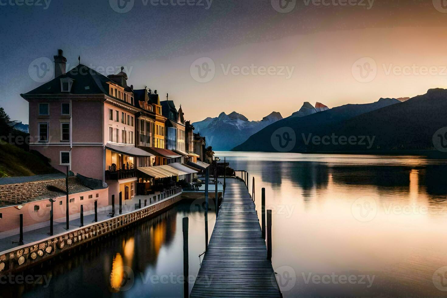 une jetée dans le milieu de une Lac à le coucher du soleil. généré par ai photo