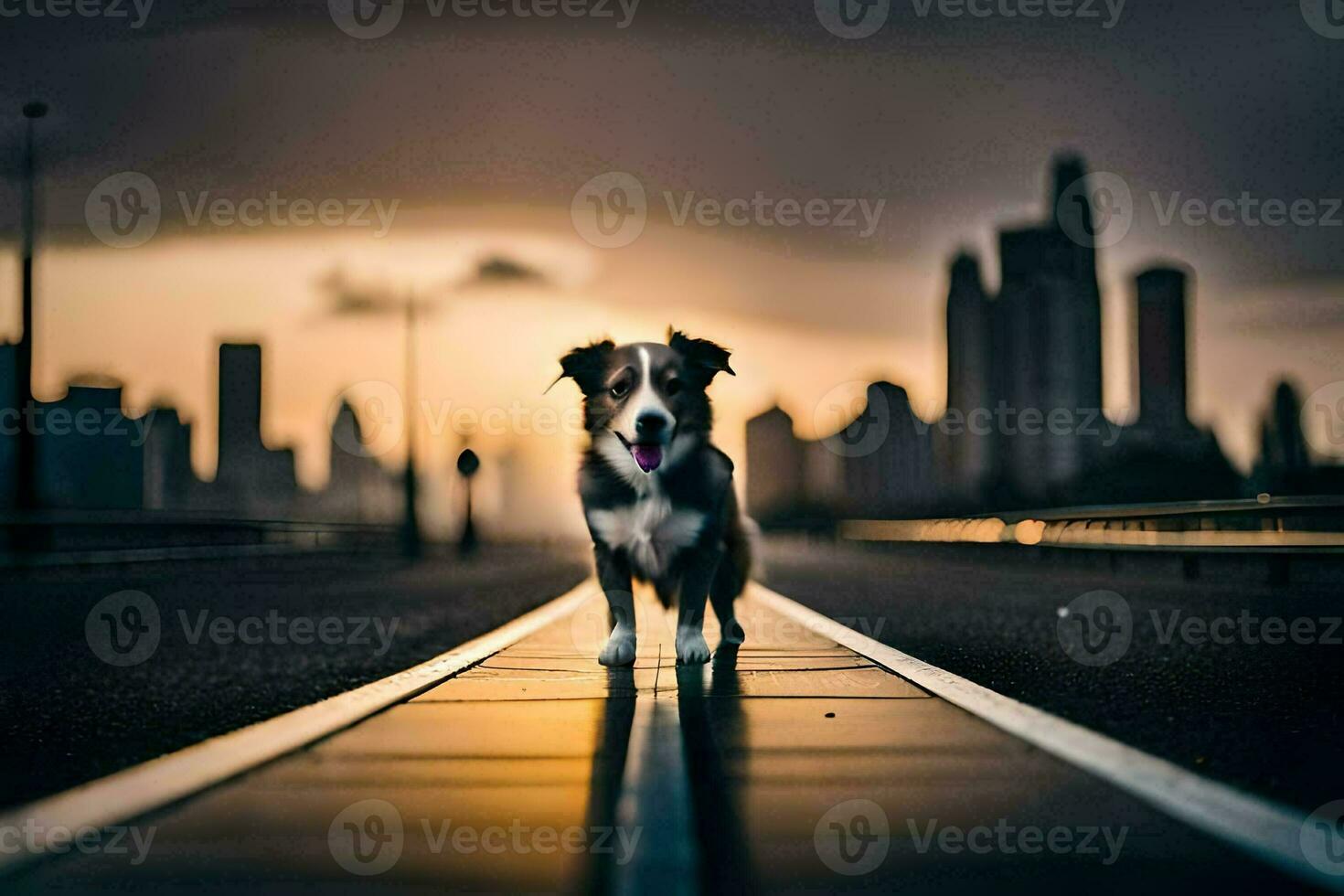 une chien permanent sur une pont avec le Soleil réglage derrière il. généré par ai photo