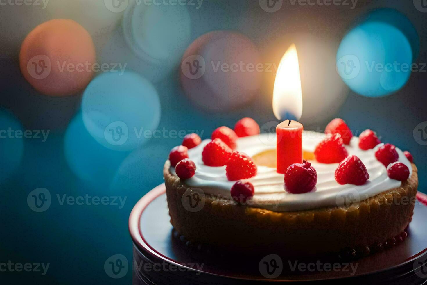 une anniversaire gâteau avec une allumé bougie. généré par ai photo