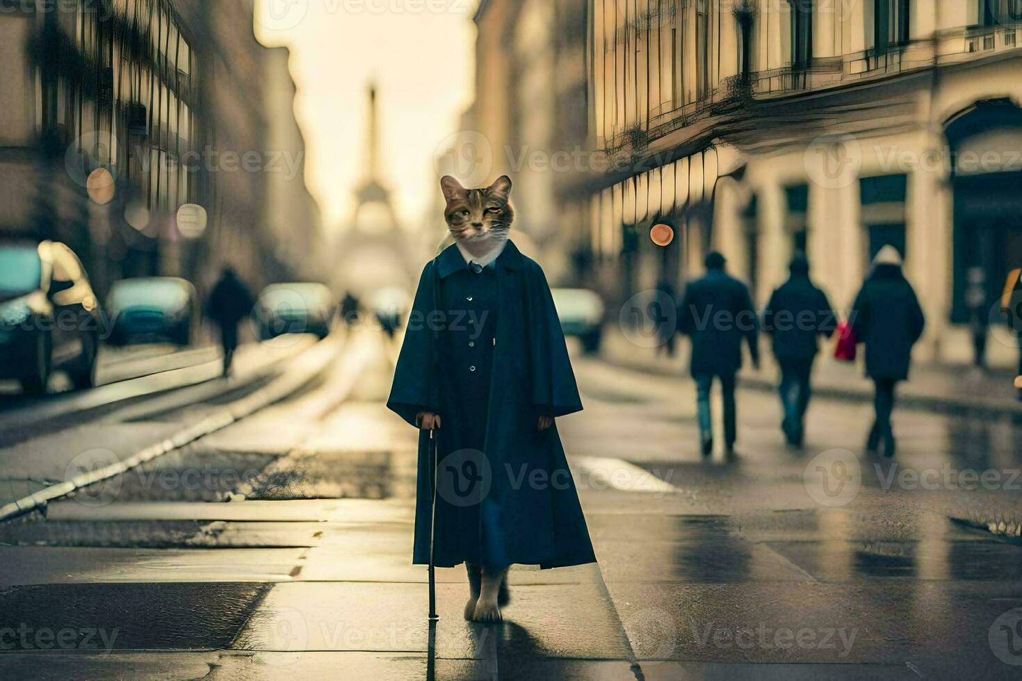 une femme dans une manteau et chapeau en marchant vers le bas une rue. généré par ai photo