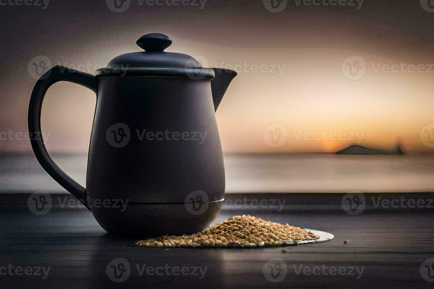 une café pot et céréales sur une table avec le Soleil paramètre. généré par ai photo