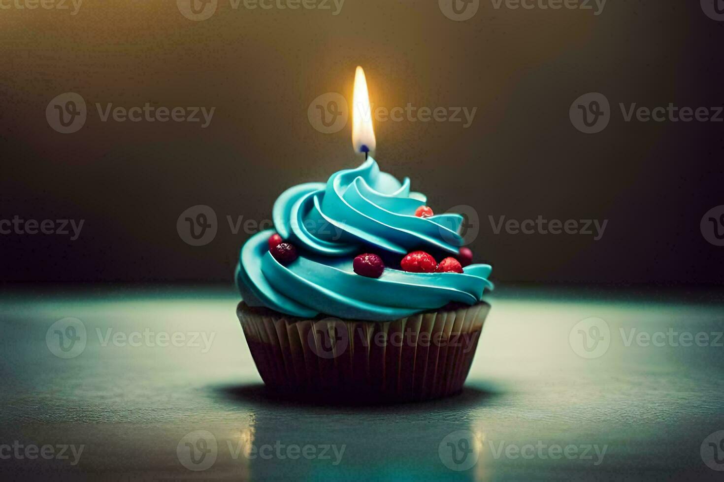 une bleu petit gâteau avec une Célibataire bougie. généré par ai photo