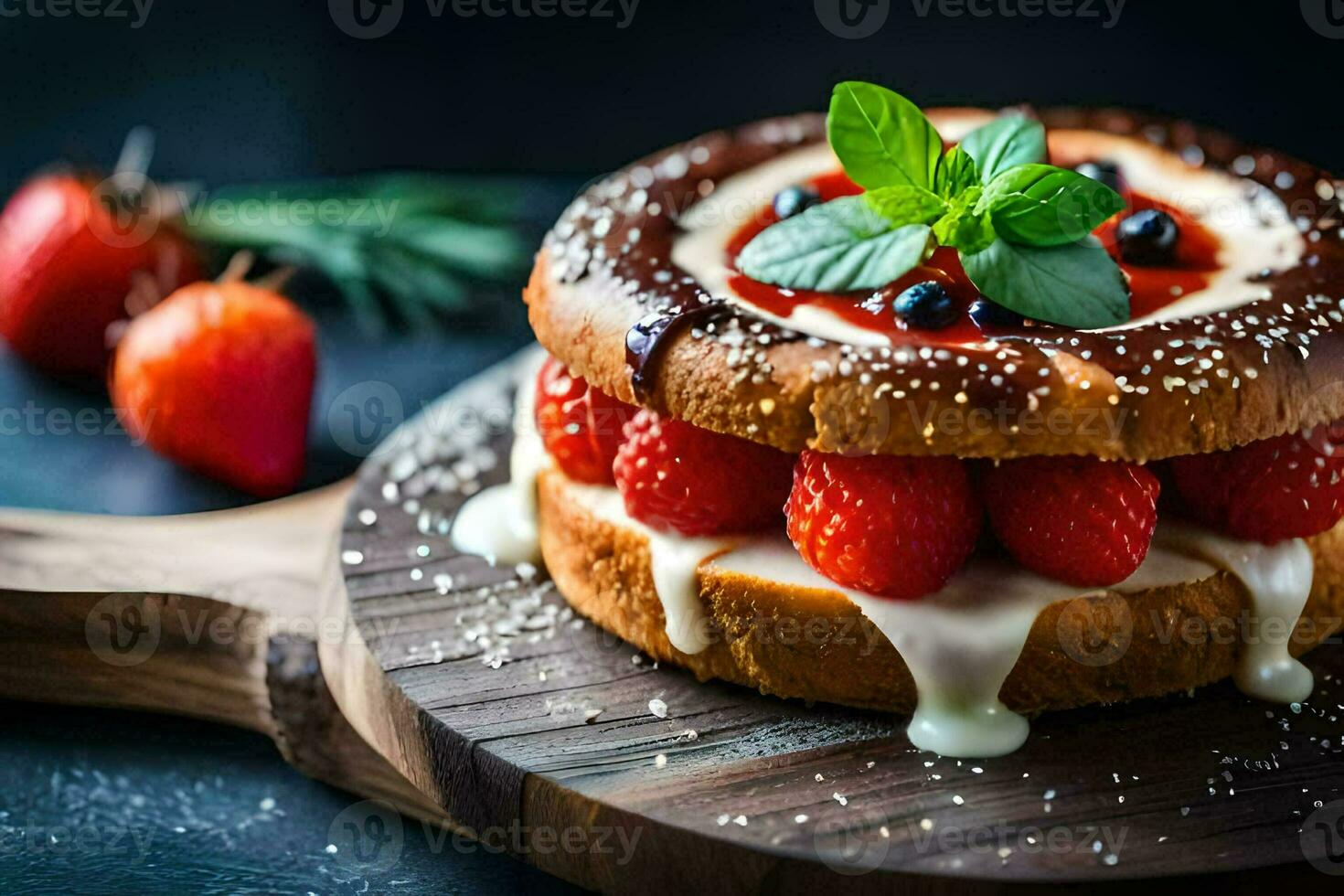 une gâteau avec des fraises et crème sur Haut. généré par ai photo