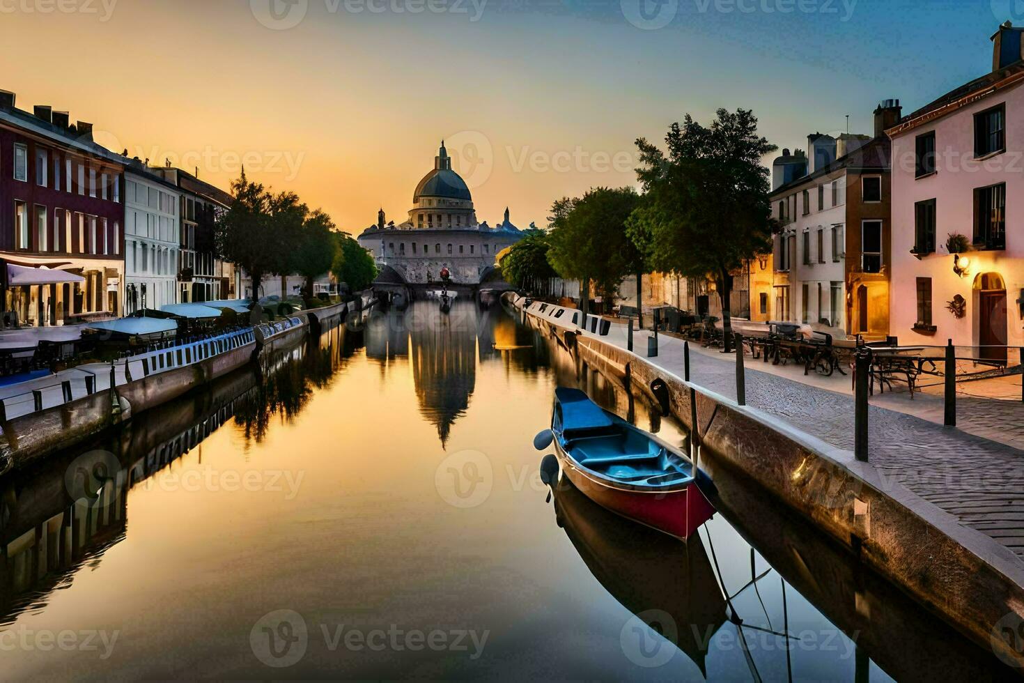 une canal avec bateaux dans le milieu de une ville. généré par ai photo
