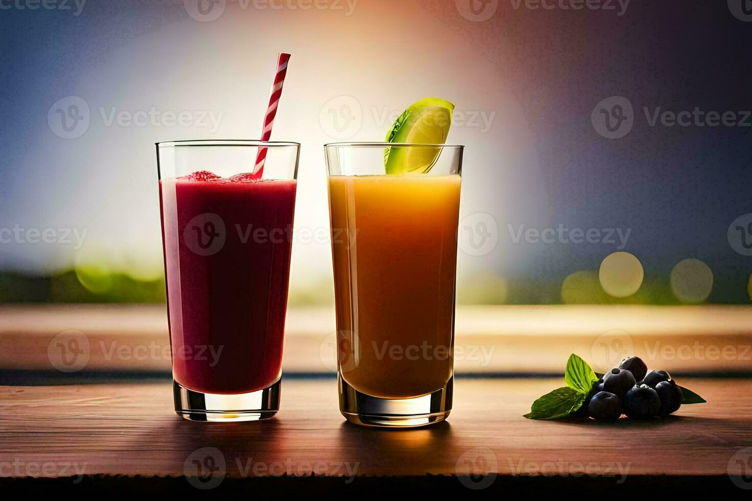 deux des lunettes de jus avec baies et fruit. généré par ai photo