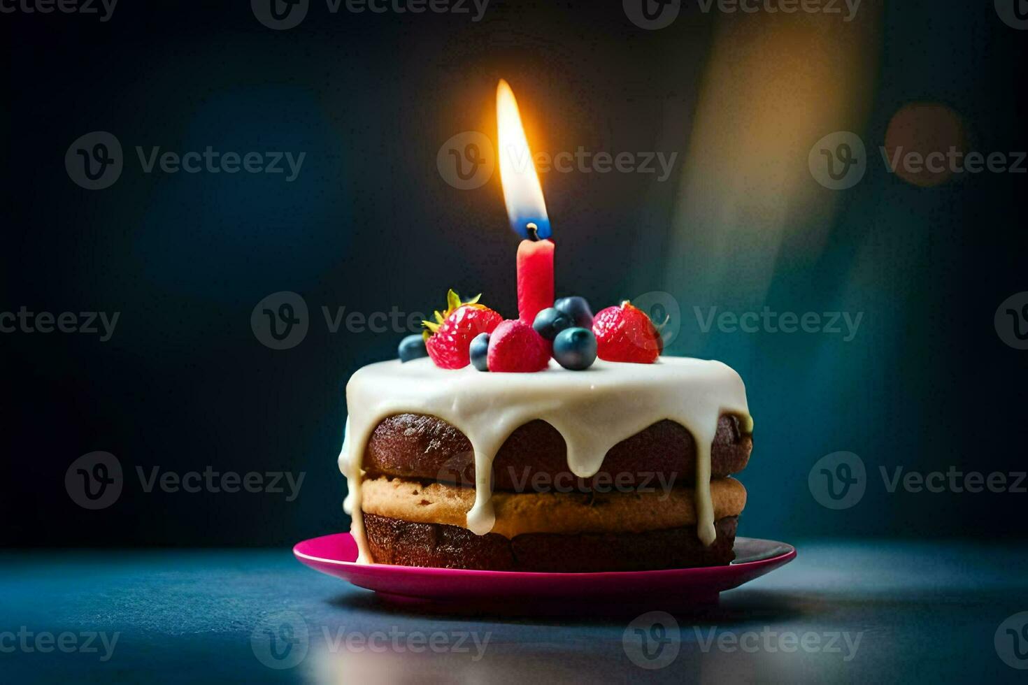 une anniversaire gâteau avec une allumé bougie. généré par ai photo