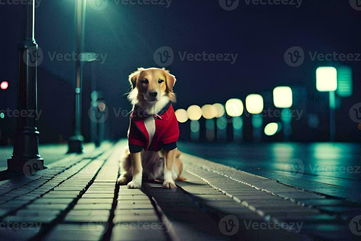 une chien portant une rouge veste séance sur une trottoir à nuit. généré par ai photo