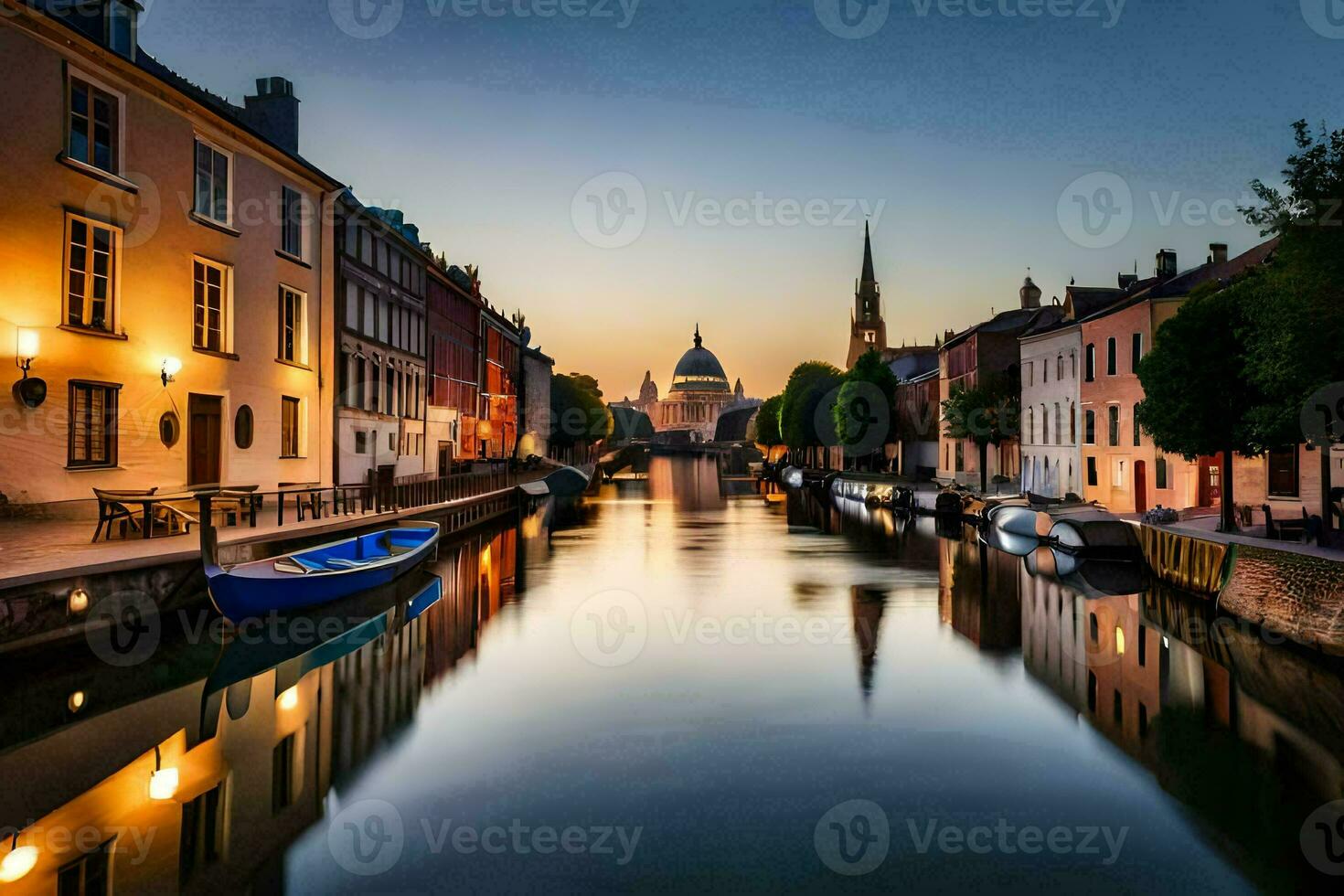 une canal dans le ville à le coucher du soleil. généré par ai photo