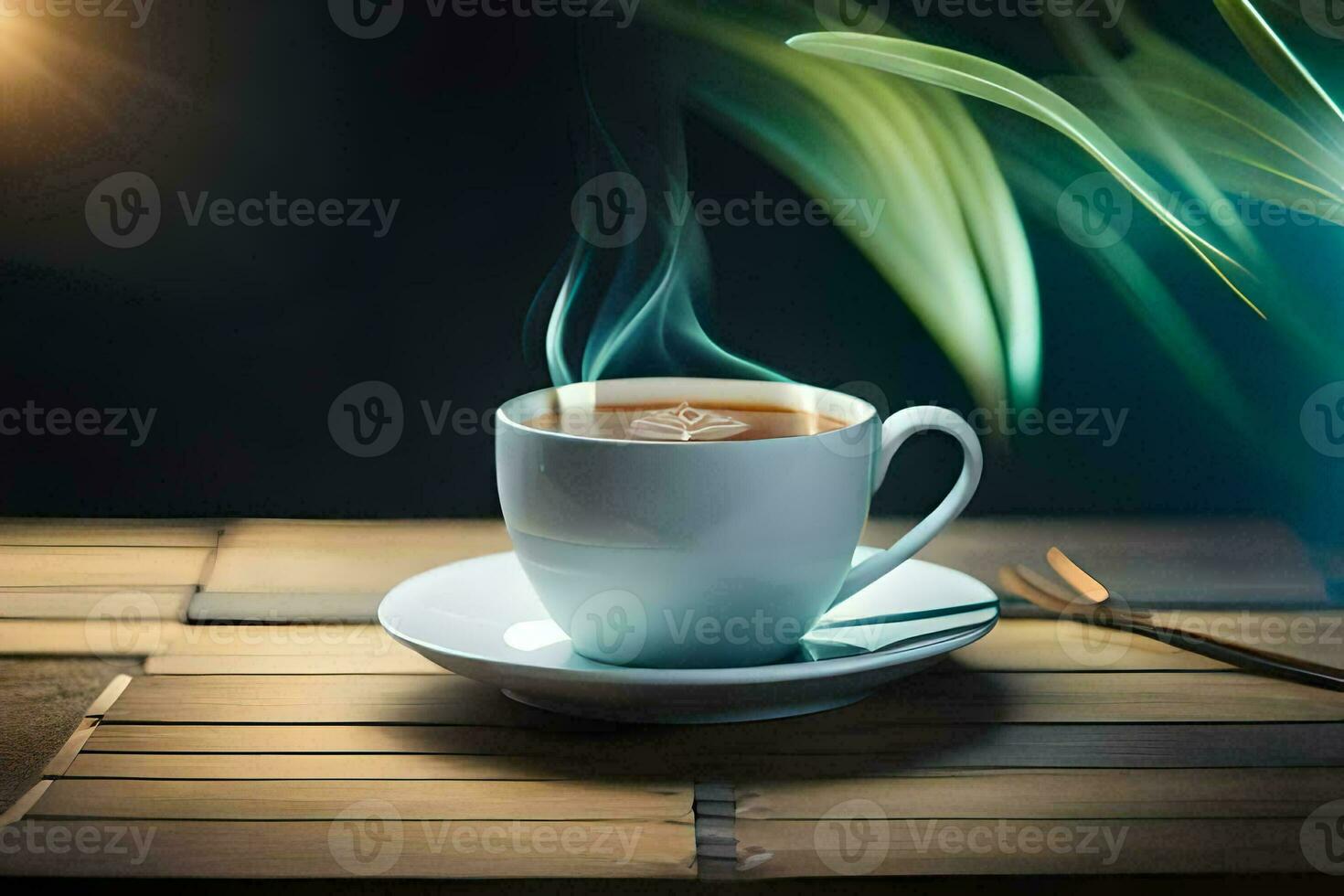 une tasse de café sur une en bois tableau. généré par ai photo