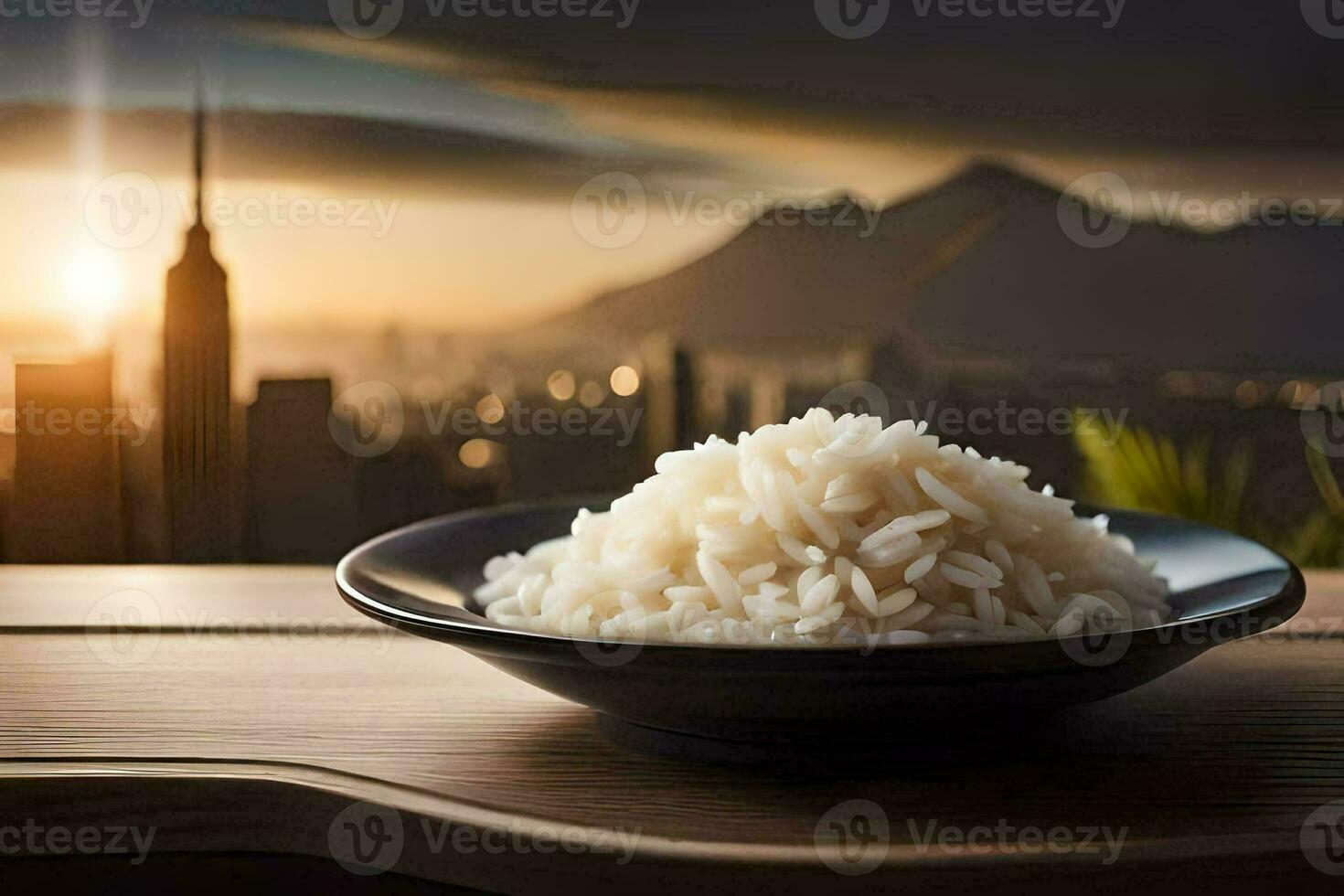 une bol de riz avec une paysage urbain dans le Contexte. généré par ai photo