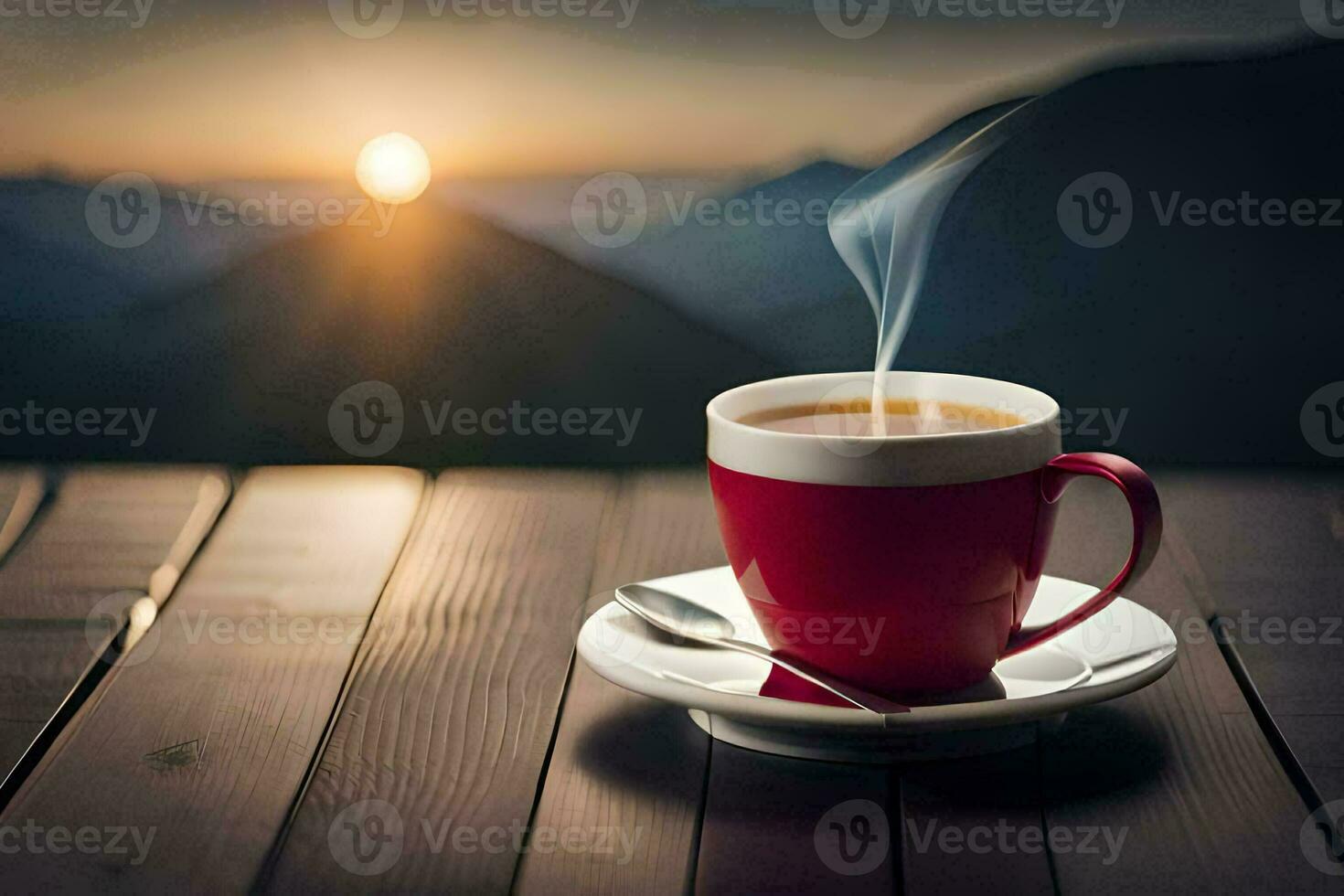 une tasse de café sur une en bois table avec montagnes dans le Contexte. généré par ai photo