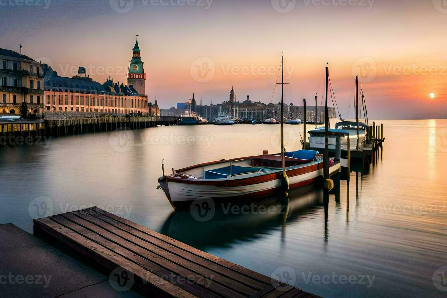 bateaux amarré à le port dans une ville à le coucher du soleil. généré par ai photo