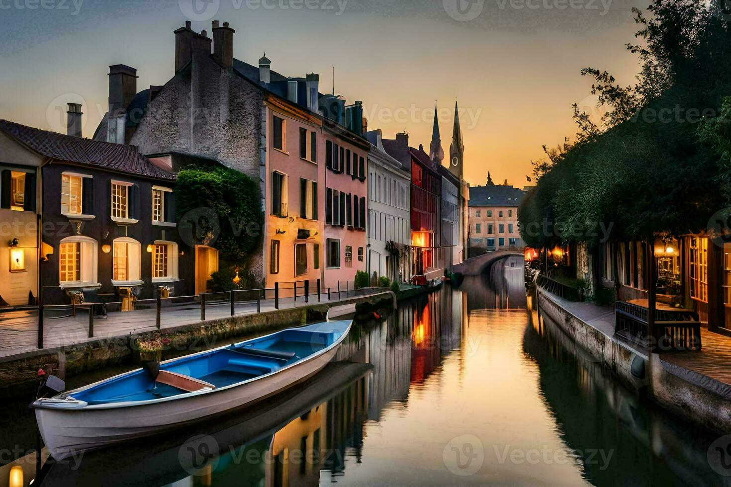 une bateau est amarré dans une canal à le coucher du soleil. généré par ai photo