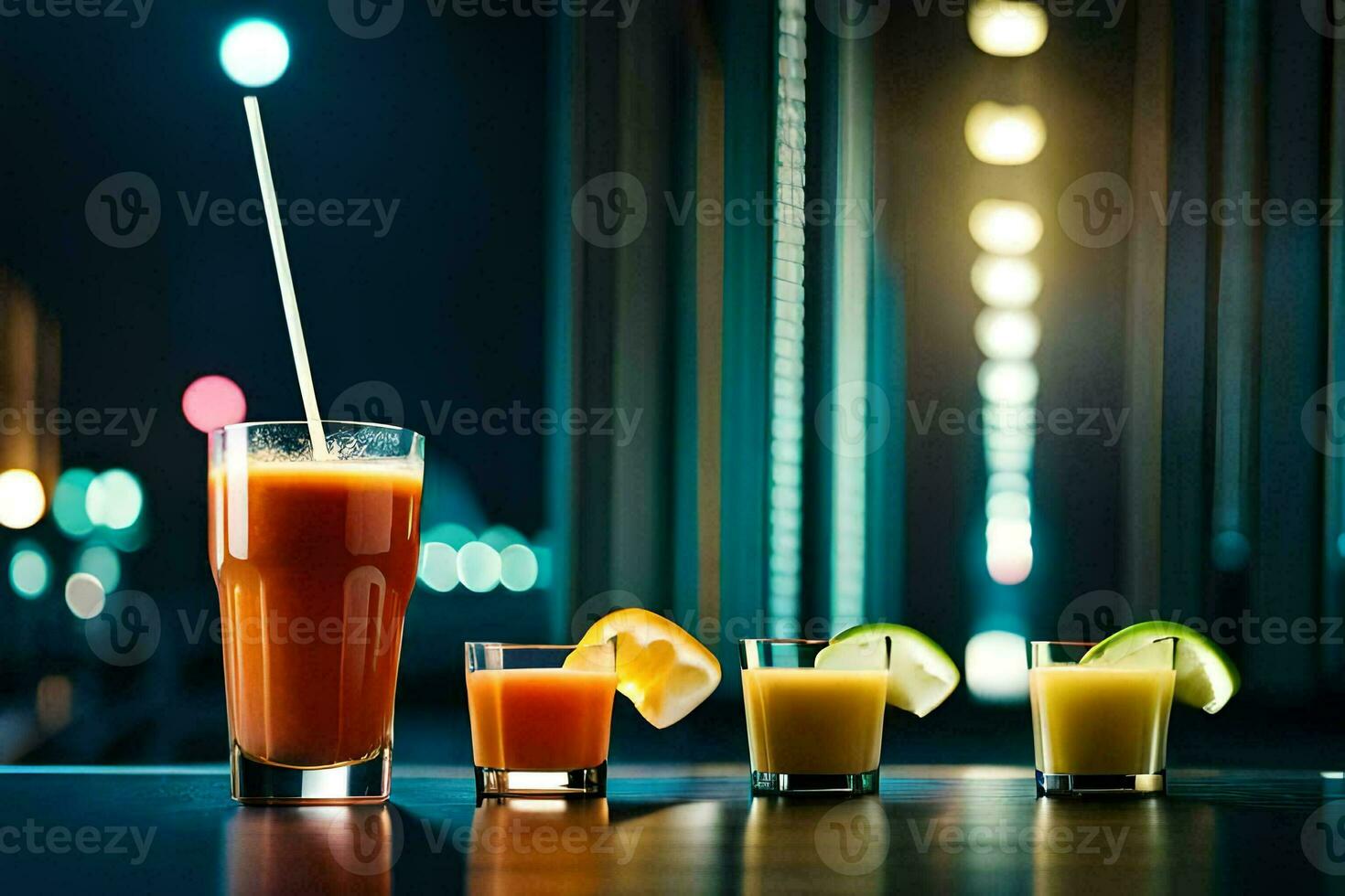 une rangée de les boissons avec une paille et une chaux. généré par ai photo