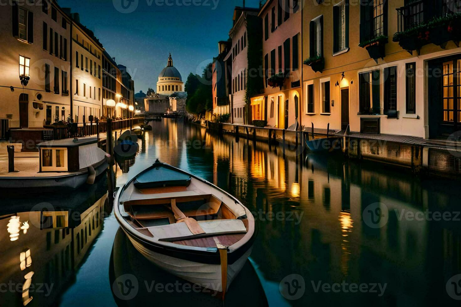 une bateau est amarré dans une canal à nuit. généré par ai photo