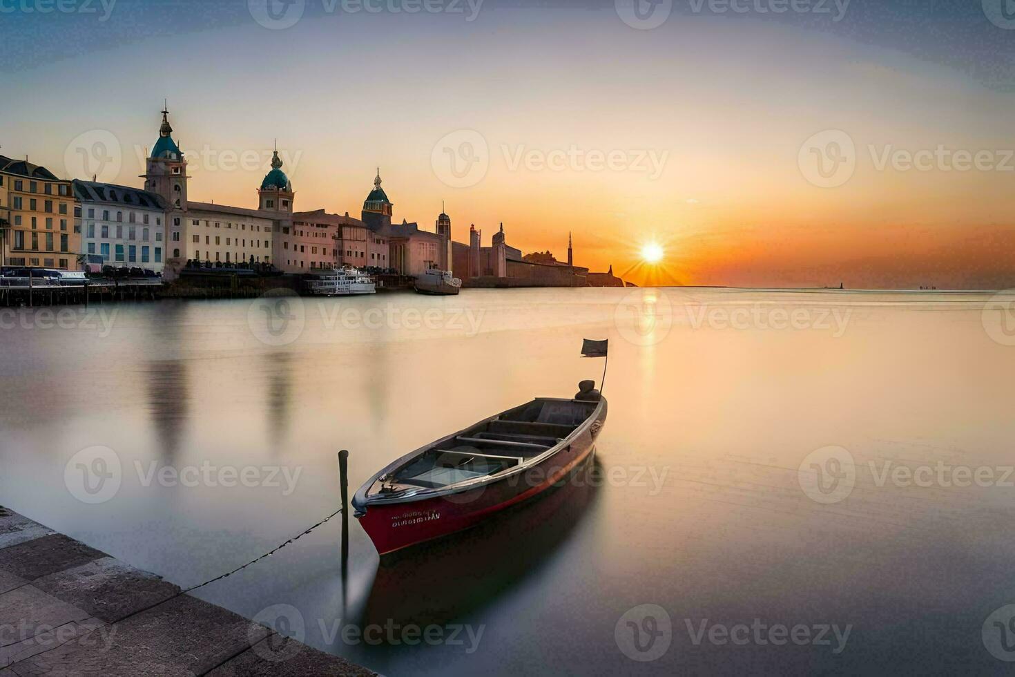 une bateau est assis sur le l'eau à le coucher du soleil dans de face de une ville. généré par ai photo