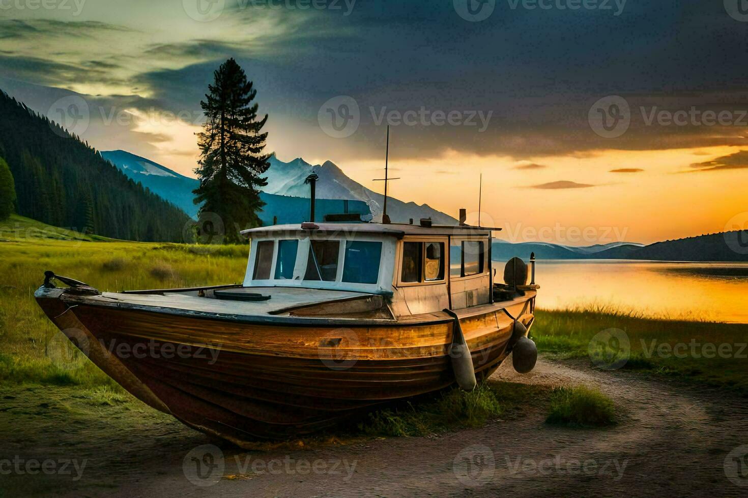 une bateau est assis sur le rive de une Lac à le coucher du soleil. généré par ai photo