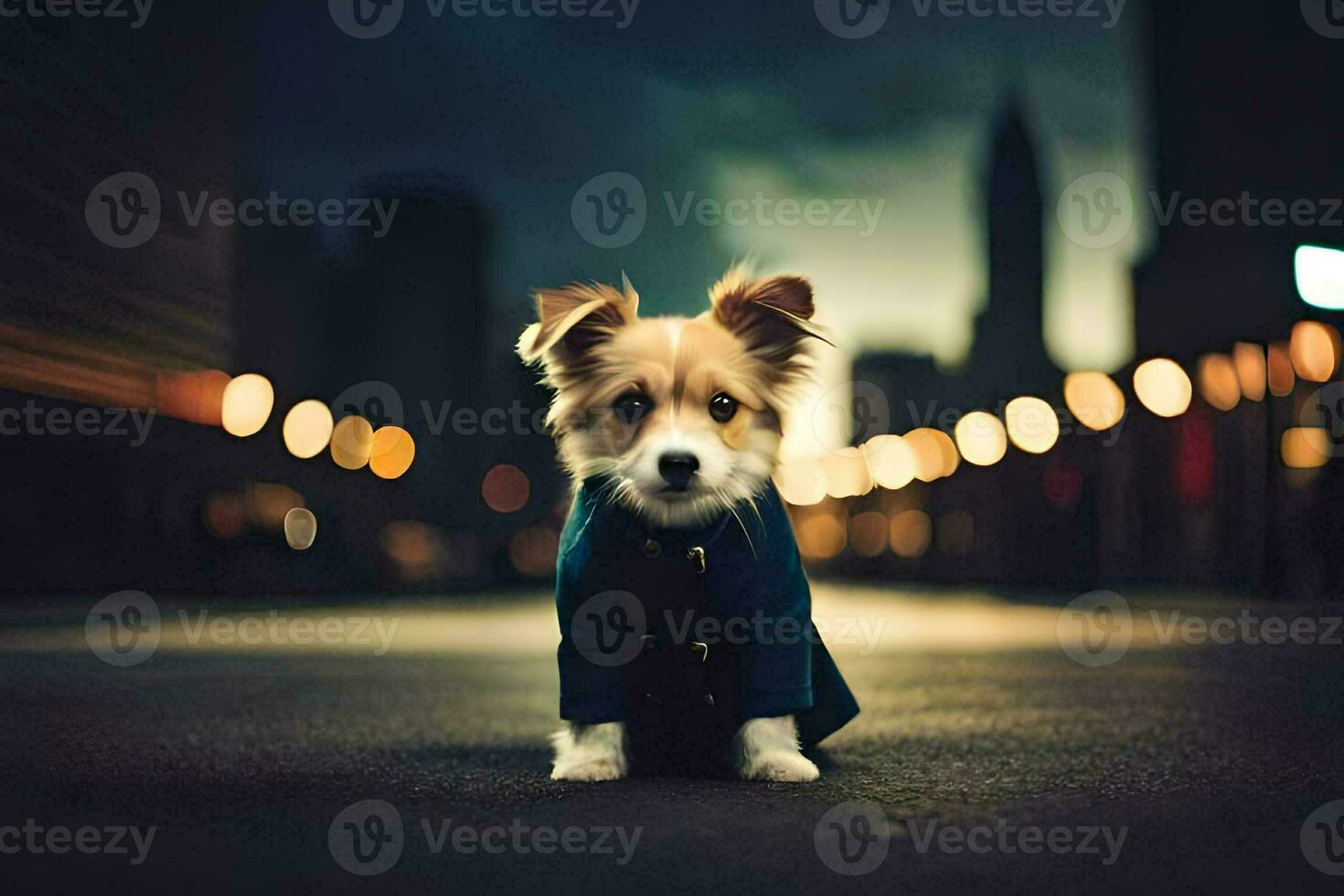 une chien dans une bleu manteau séance sur le rue à nuit. généré par ai photo
