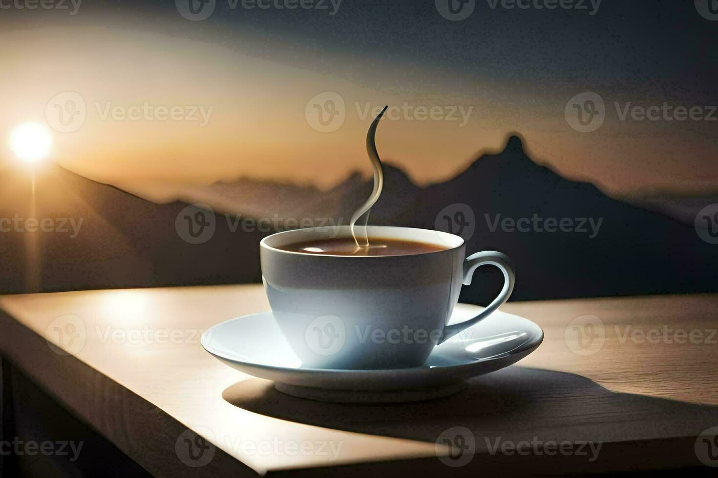 une tasse de café sur une table dans de face de une Montagne. généré par ai photo