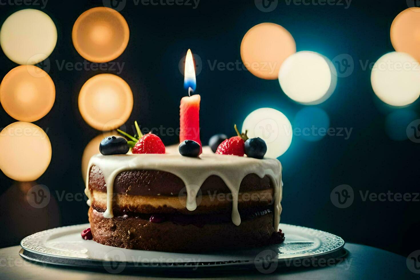 une anniversaire gâteau avec une allumé bougie. généré par ai photo