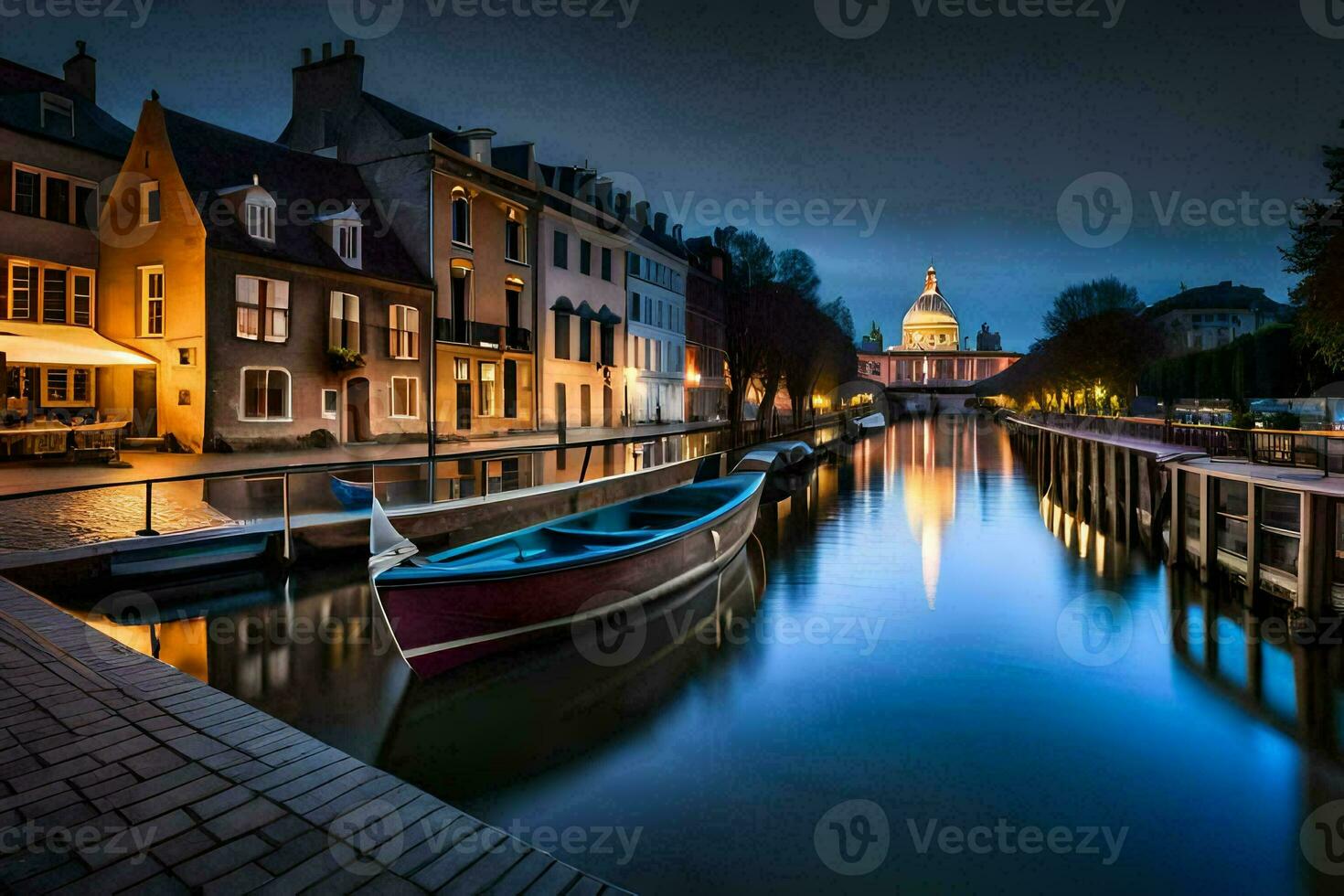 une bateau est assis sur le l'eau dans de face de une bâtiment. généré par ai photo