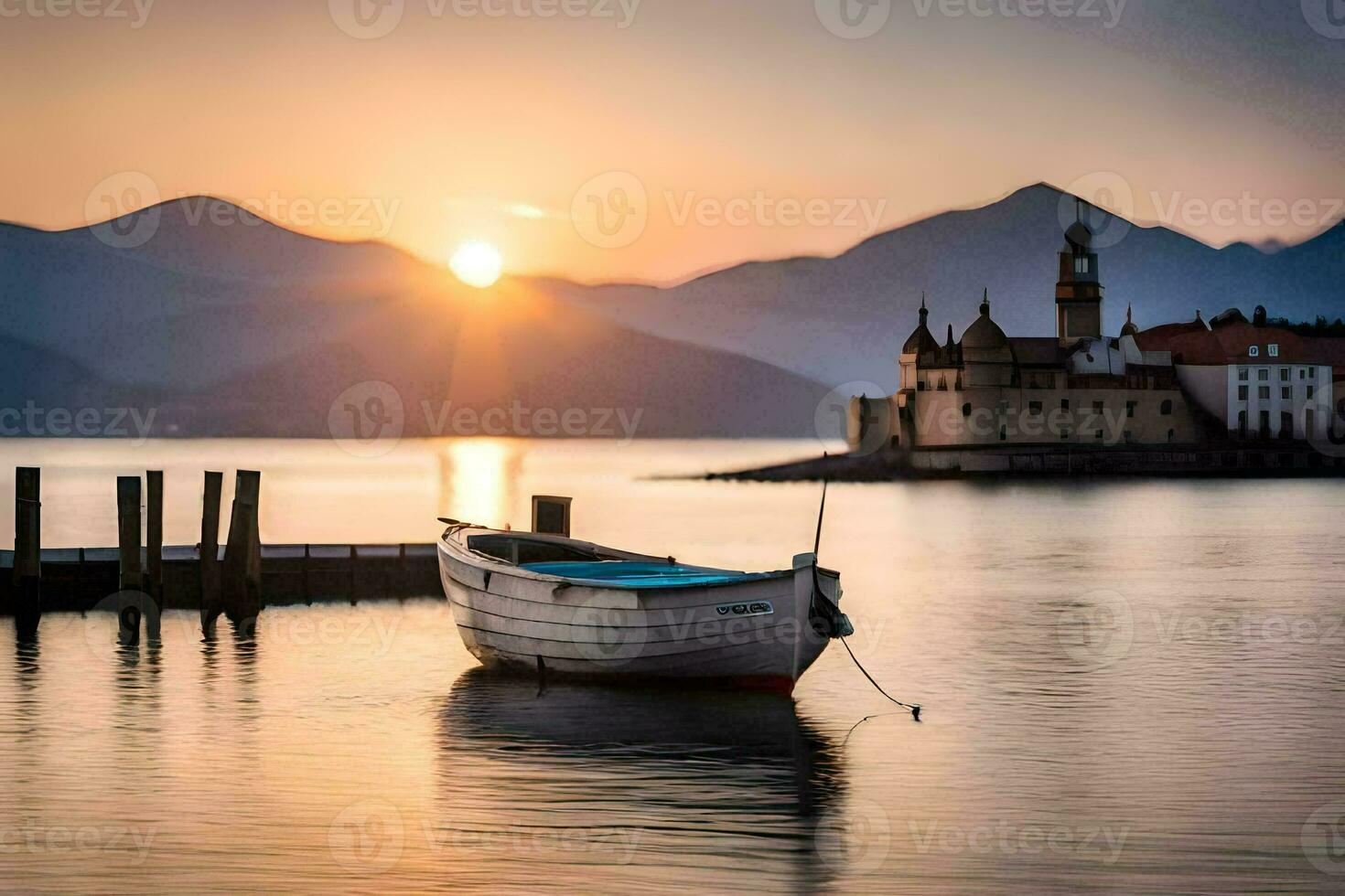 une bateau est assis dans le l'eau à le coucher du soleil avec montagnes dans le Contexte. généré par ai photo