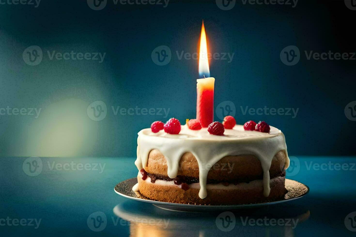 une anniversaire gâteau avec une bougie sur Haut. généré par ai photo