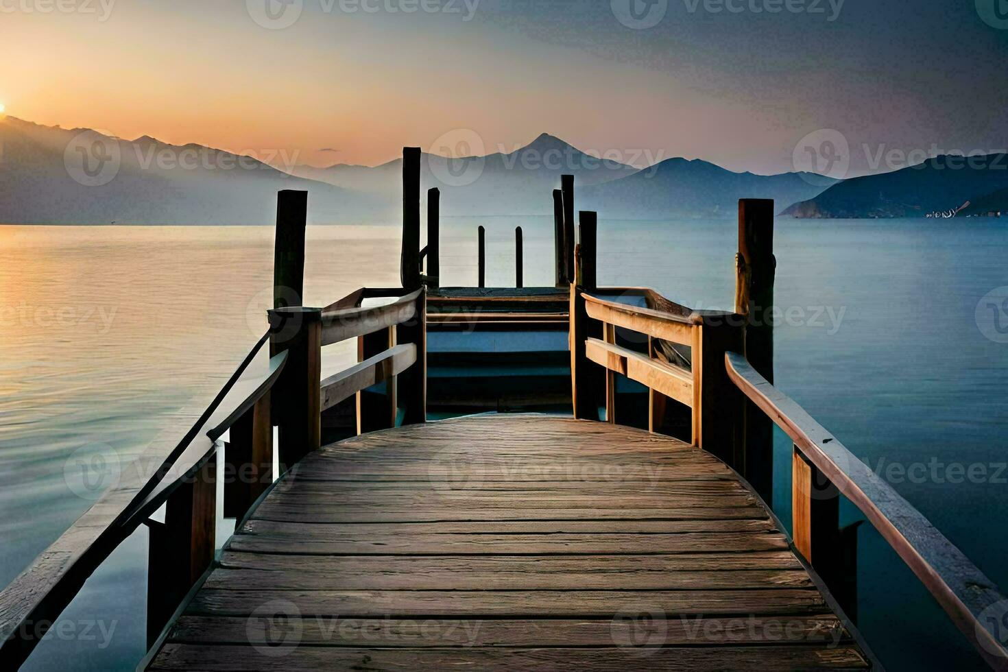 une en bois Dock pistes à le l'eau à le coucher du soleil. généré par ai photo