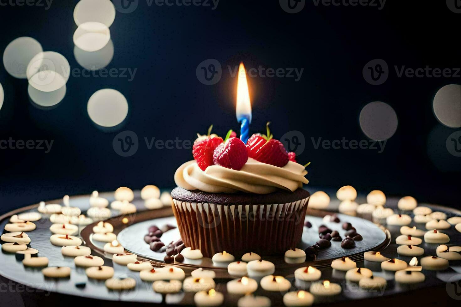 une petit gâteau avec une bougie sur Haut et baies. généré par ai photo