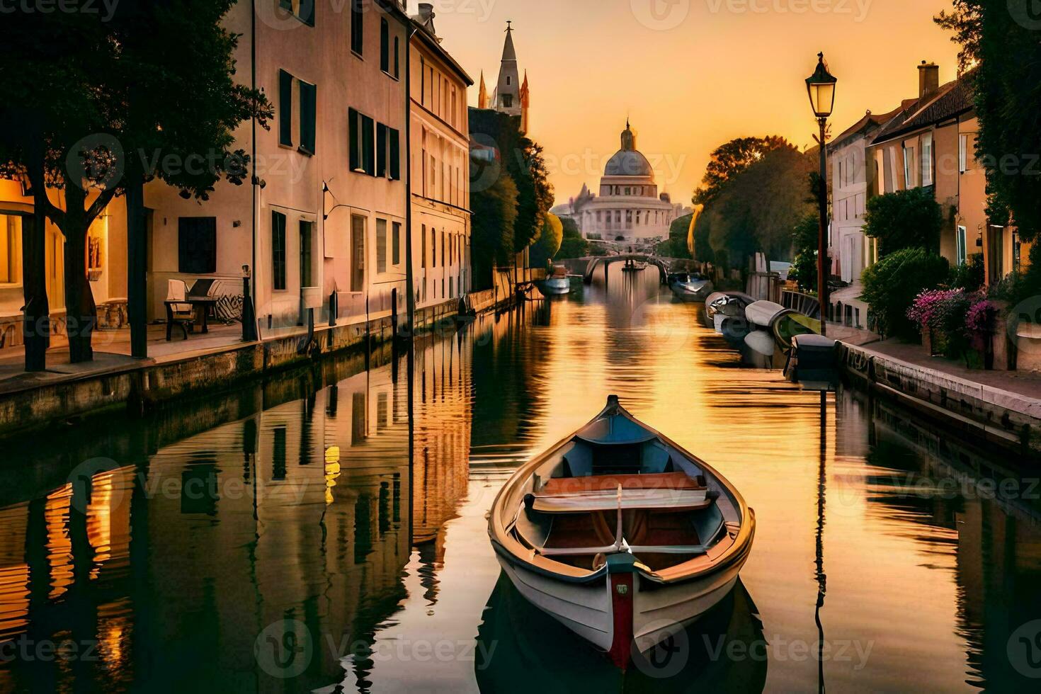 une bateau est amarré dans une canal à le coucher du soleil. généré par ai photo