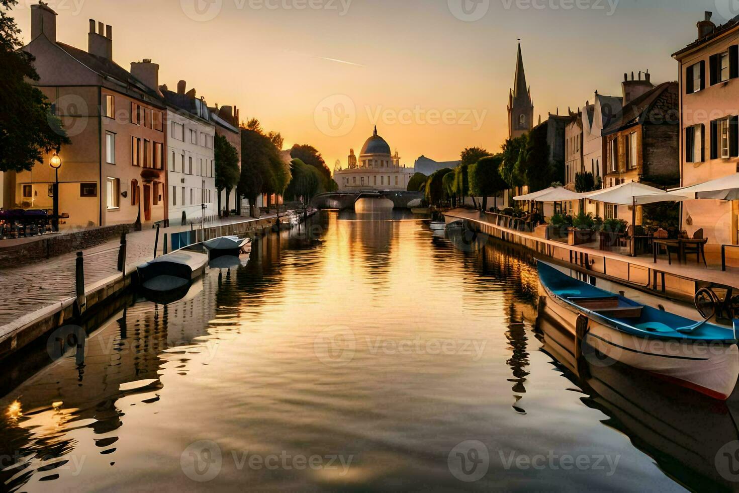 une canal dans le milieu de une ville à le coucher du soleil. généré par ai photo