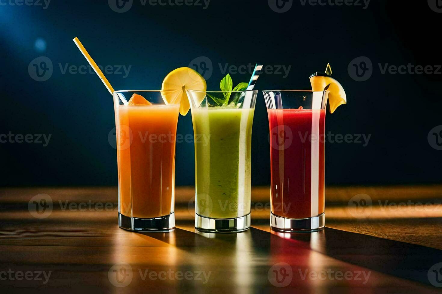 Trois différent les types de jus dans lunettes. généré par ai photo