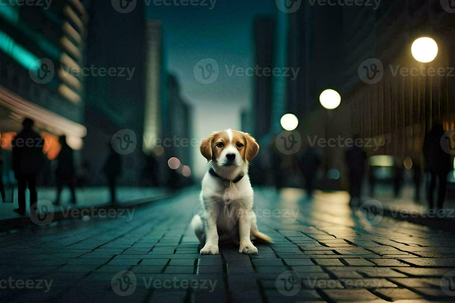 une chien séance sur le rue dans le ville à nuit. généré par ai photo