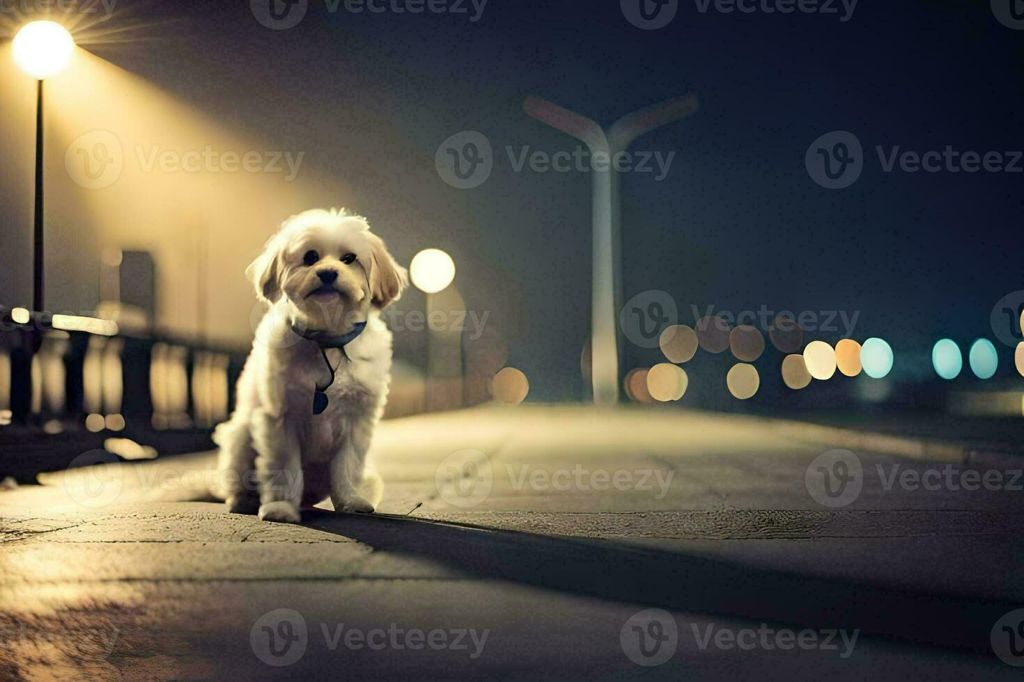 une petit blanc chien est séance sur le trottoir à nuit. généré par ai photo