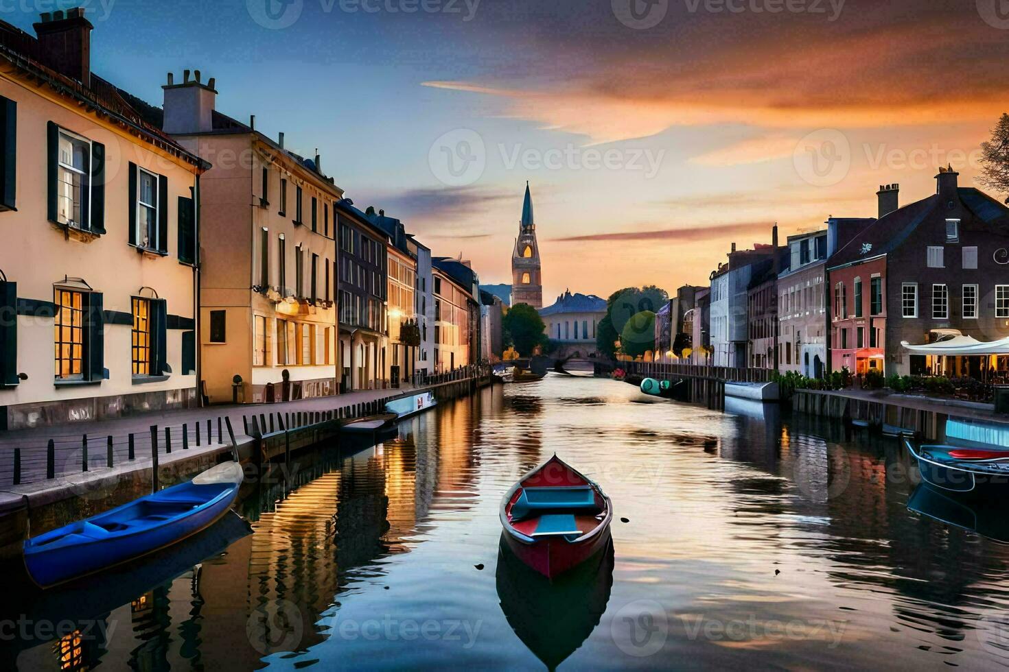 bateaux sont amarré dans une canal à le coucher du soleil. généré par ai photo